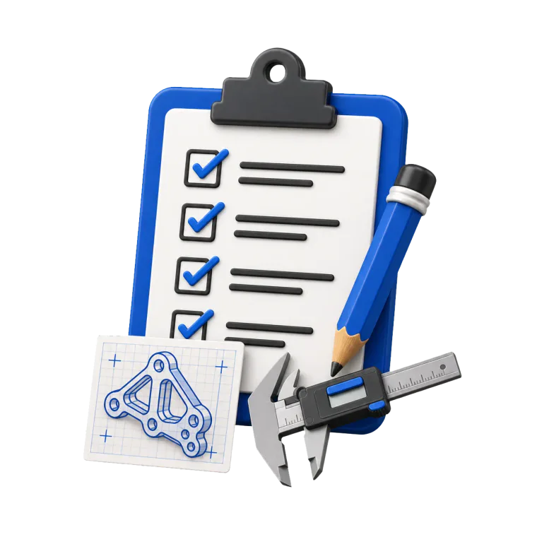 Checklist tecnica, schizzo CAD e calibro