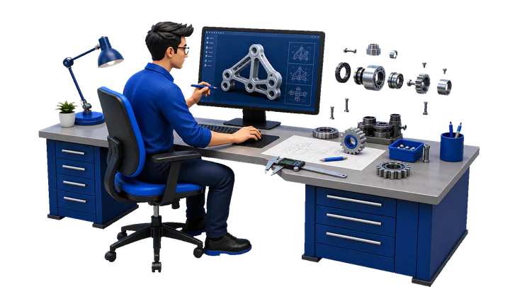 Postazione CAD con assieme meccanico, tavole tecniche, calibro e componente in alluminio