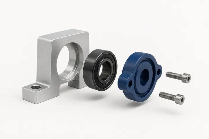 Render esploso di un assieme con base in alluminio, cuscinetto, flangia blu e viti