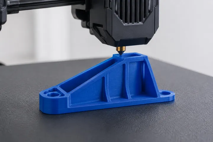 Render di un ugello FDM durante la stampa di una staffa funzionale blu
