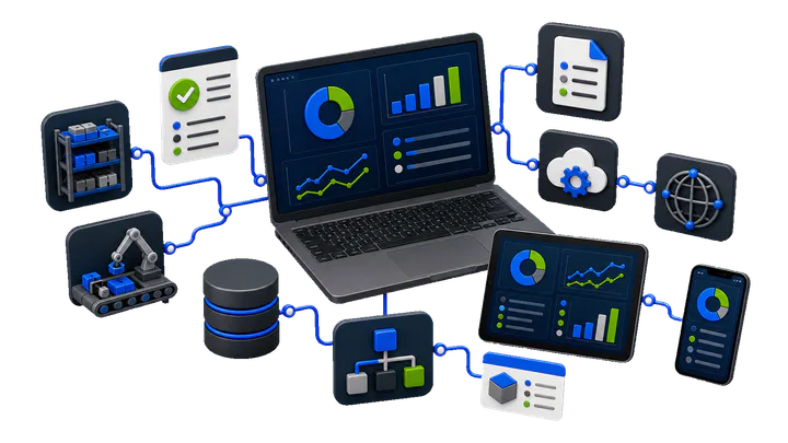 Dashboard, dati e flussi operativi collegati a produzione, magazzino e documenti